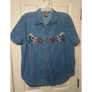 90s DENIM blouse TEDDY BEAR picnic gardening garden floral flower embroidered